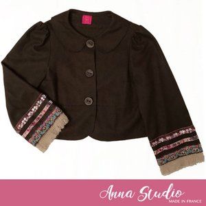 Dark Brown Short Jacket with Embroidery Trimmed Wide Sleeves EU Size 36 (US 4)